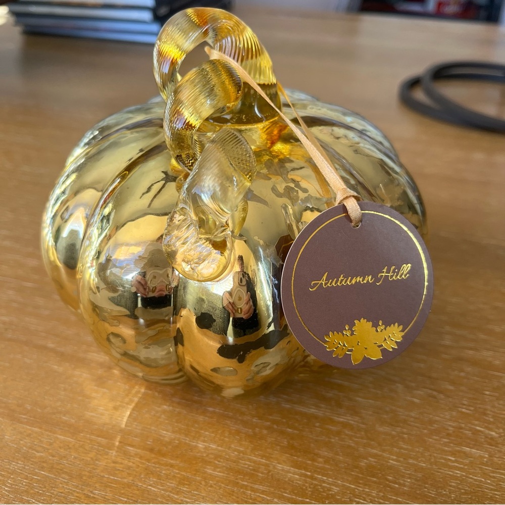 Autumn Hill Gold Glass Blown Pumpkin with curly stem